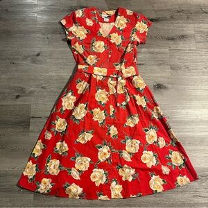 Vintage 90s Red Floral Button Up Short Sleeve Midi Dress S/M Cottagecore Retro